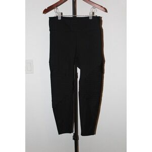 Women's Black Moto Ribbed High Waisted‎ Athletic Leggings Hidden Pocket Medium